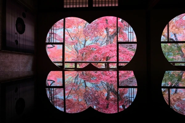 嵐山祐齋亭-圓窗楓葉倒影